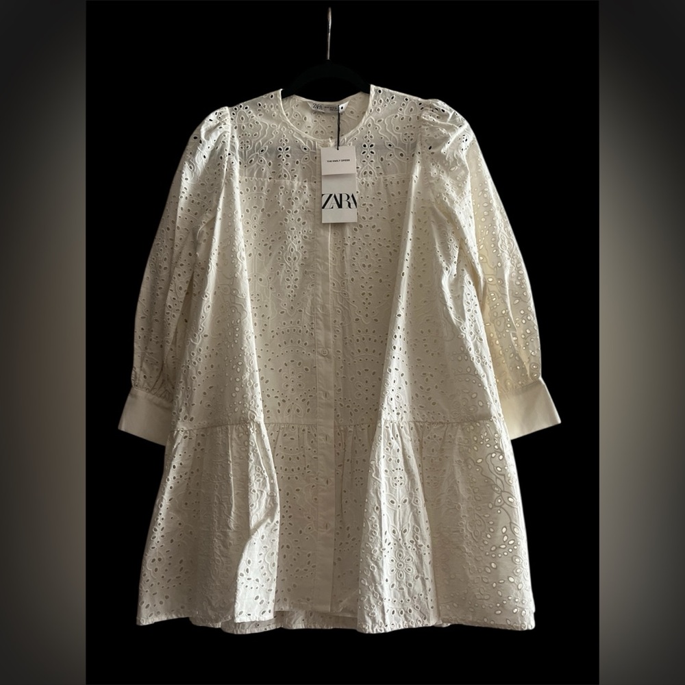 Zara White Openwork Embroidered Long Sleeve mini Dress size XS NWT
